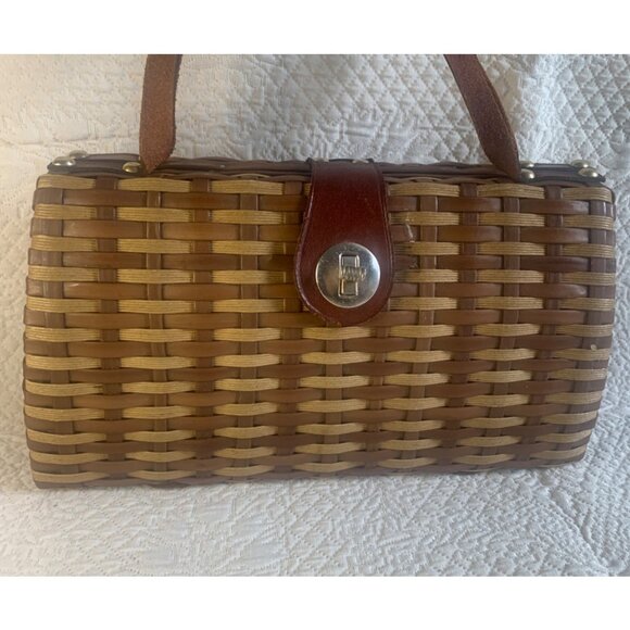 Wicker and Leather Basket Weave Purse Handbag Woven Vintage Hong Kong - Picture 2 of 15